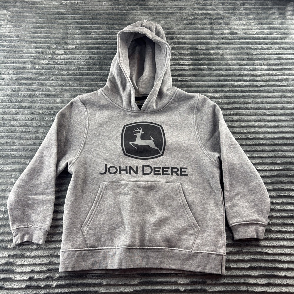 John Deere Hoodie Boy's Size 8 Youth Gray Logo Spell Out Sweatshirt Long Sleeve